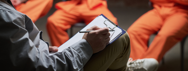 Three inmates sitting in a room with a man holding a clip board and taking notes.
